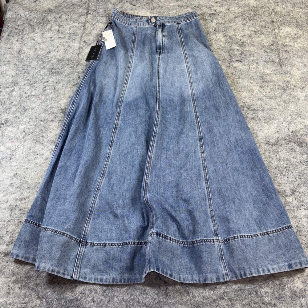 New‎ 1.State Denim Maxi Jean Skirt Women's 00 Medium Wash Retro Boho Festival